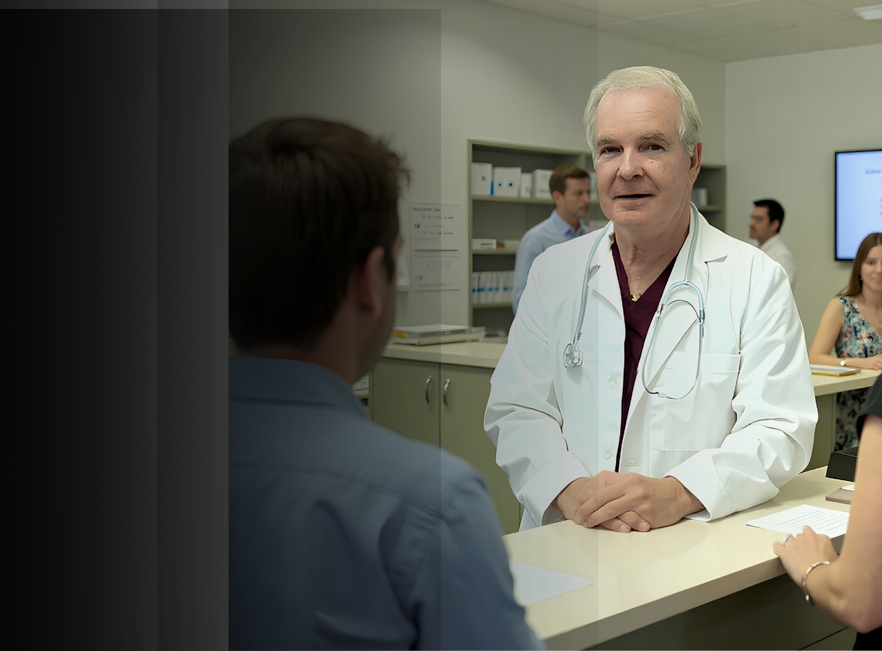 dr harris stands in his office at the check out reception counter wearing his white labcoat, speaking to patients