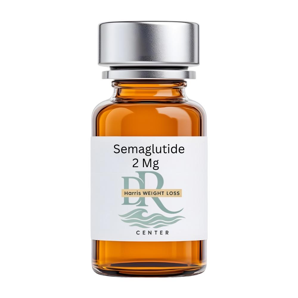 brown vile of semaglutide compounded liquid in a brown bottle marked with 2 mg and dr harris logo