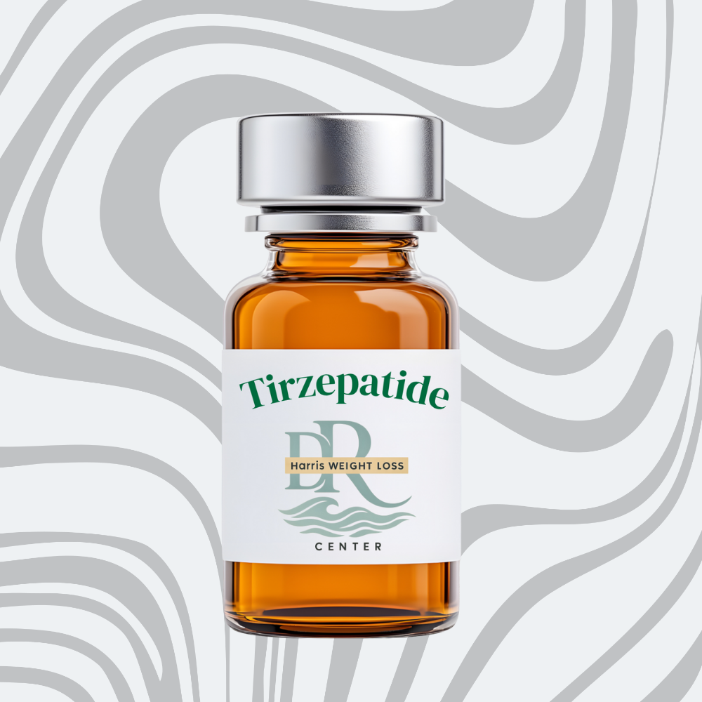 a brown glass bottle used to keep liquid preserved for injections the outside of the bottle has the word tirzepatide medication on the front