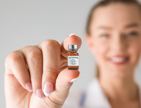 woman holding a glass vial of glp1 medication between her forefingers